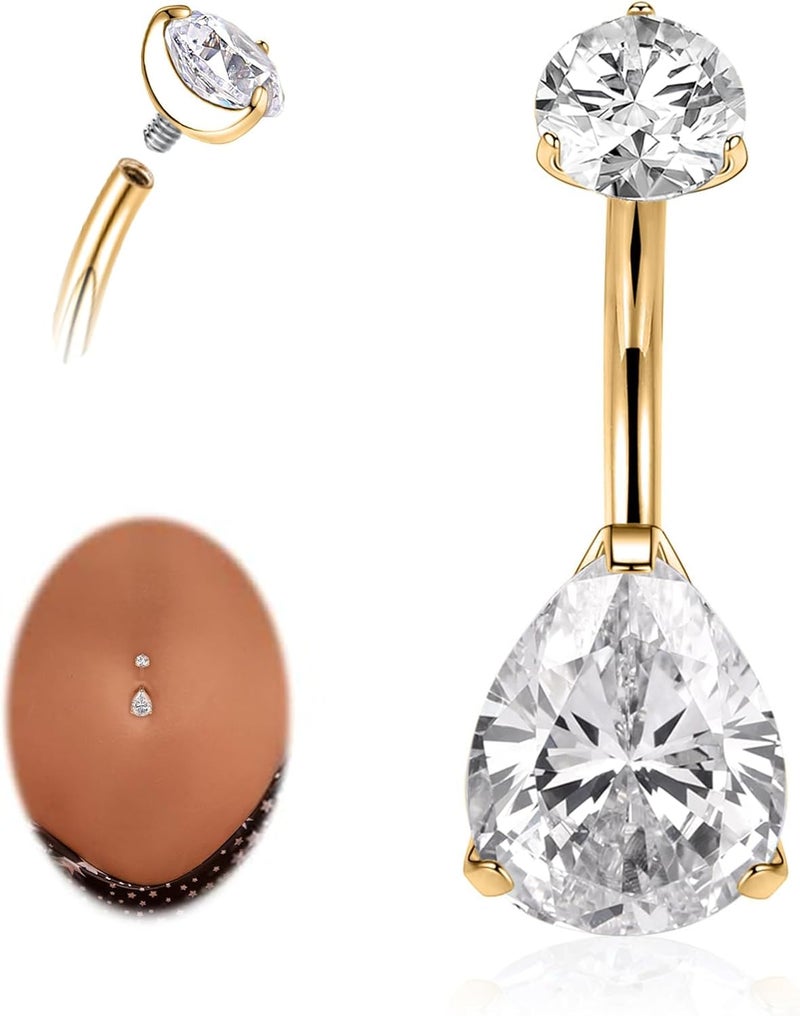 AROWRO Store Gold Belly Button Ring G23 Titanium Hypoallergenic 14G belly ring for Women Men Teardrop Navel Piercing Jewelry 10mm Barbell With Cubic Zircon - Image 1